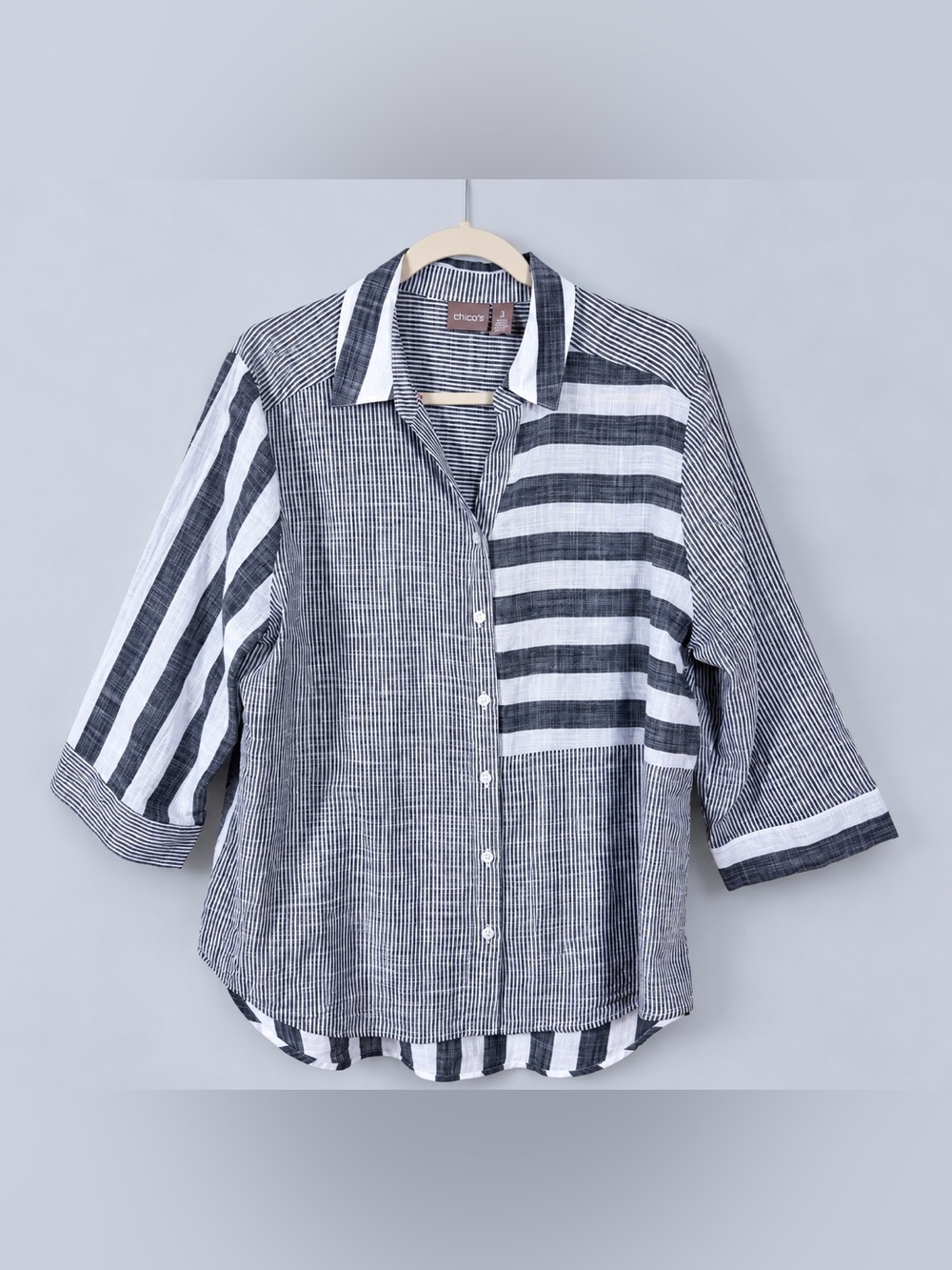 Chicos Striped Button Down Top XL Bohemian Lagenlook Nautical Wide Sleeves